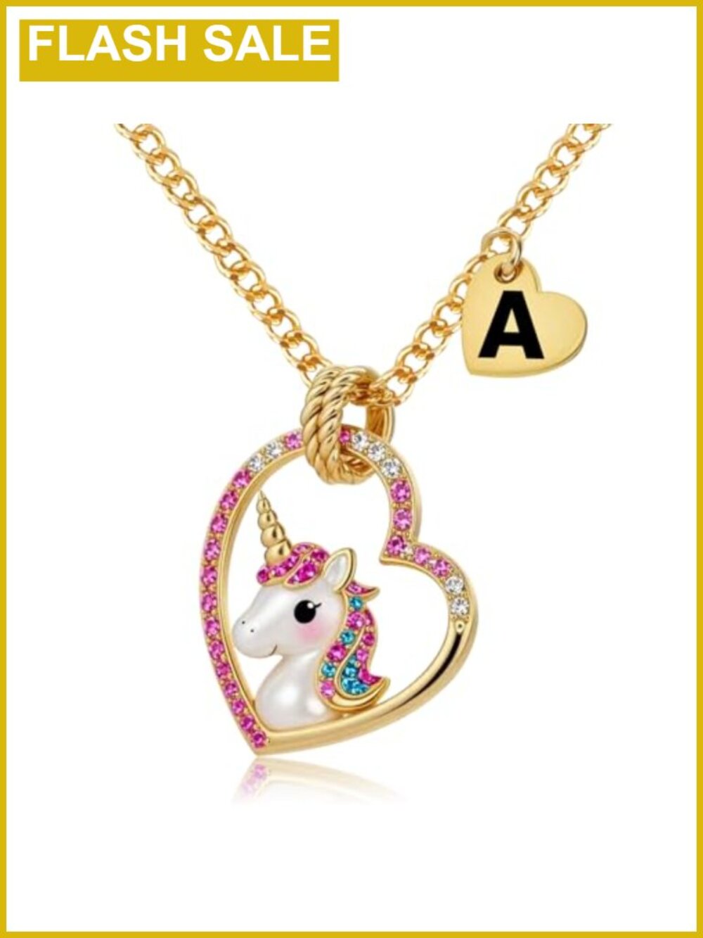 Girls Initial Heart Pendant Necklace with Cubic Zirconia Crystals, Adjustable